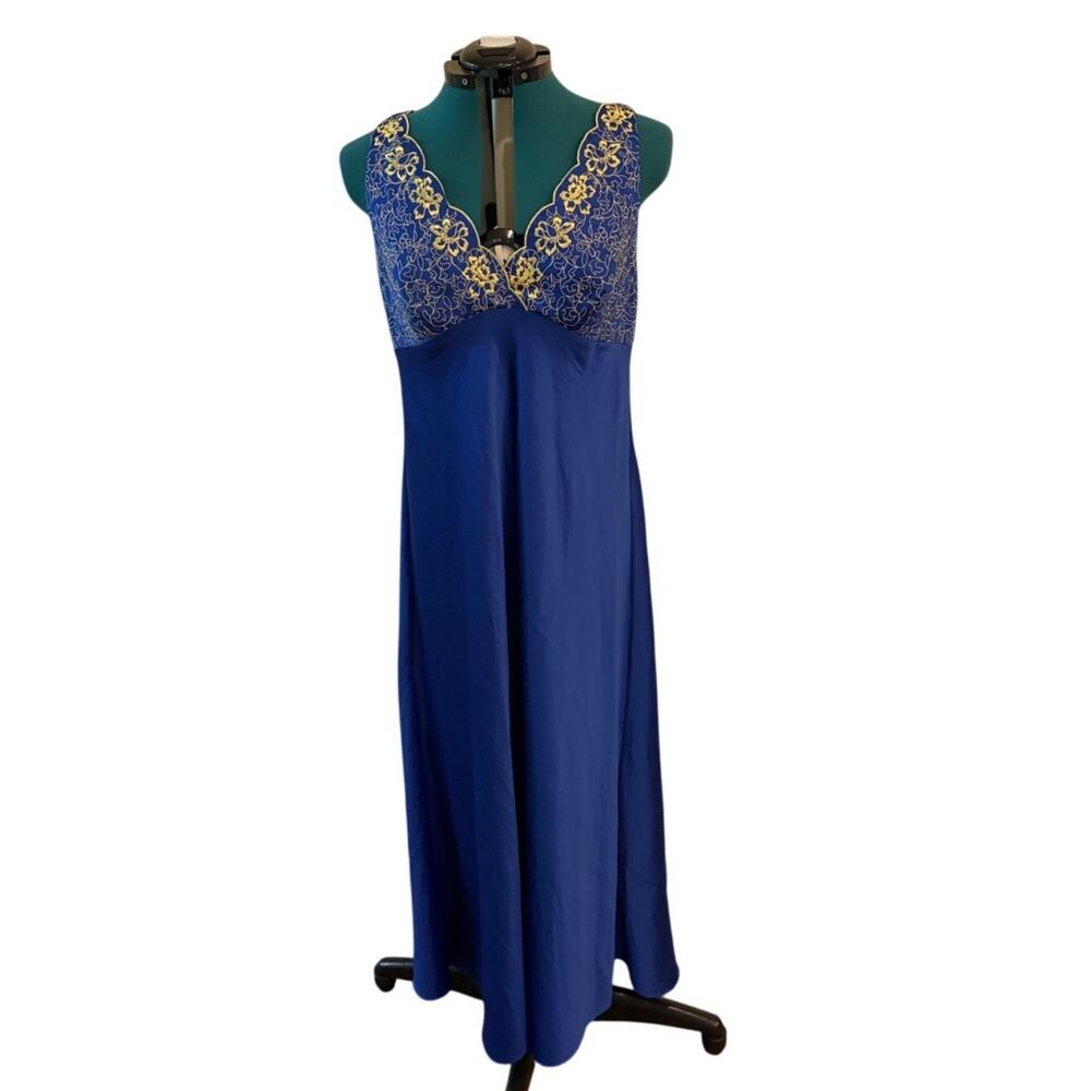 Cabernet Sleepwear Womens Gown V Neck Floral Satin Sleeveless Slip Blue Large